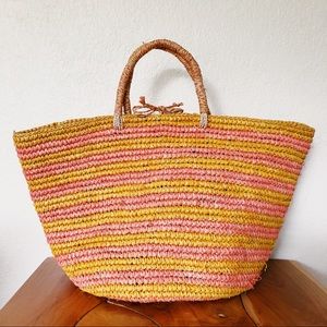 Flora Bella Pink Yellow Rattan Woven Tote Bag